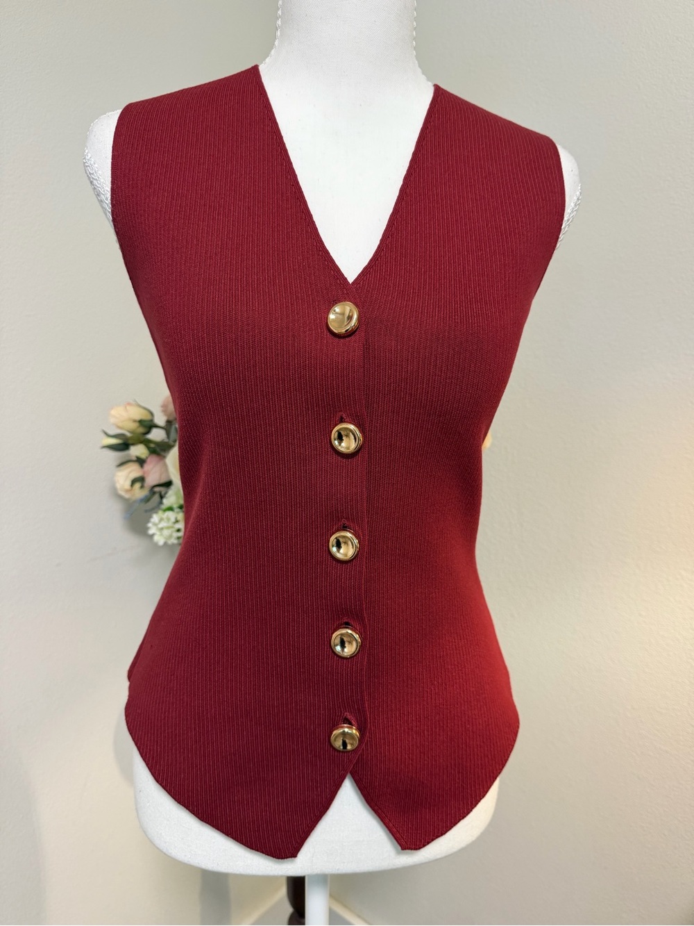 Gold-Button Sleeveless V-Neck Knit Top - Burgundy Emerson Lang Classy Preppy
